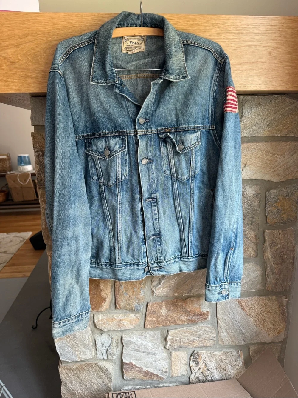 Polo Ralph Lauren Denim Jacket With American Flag Arm Patch Men’s L